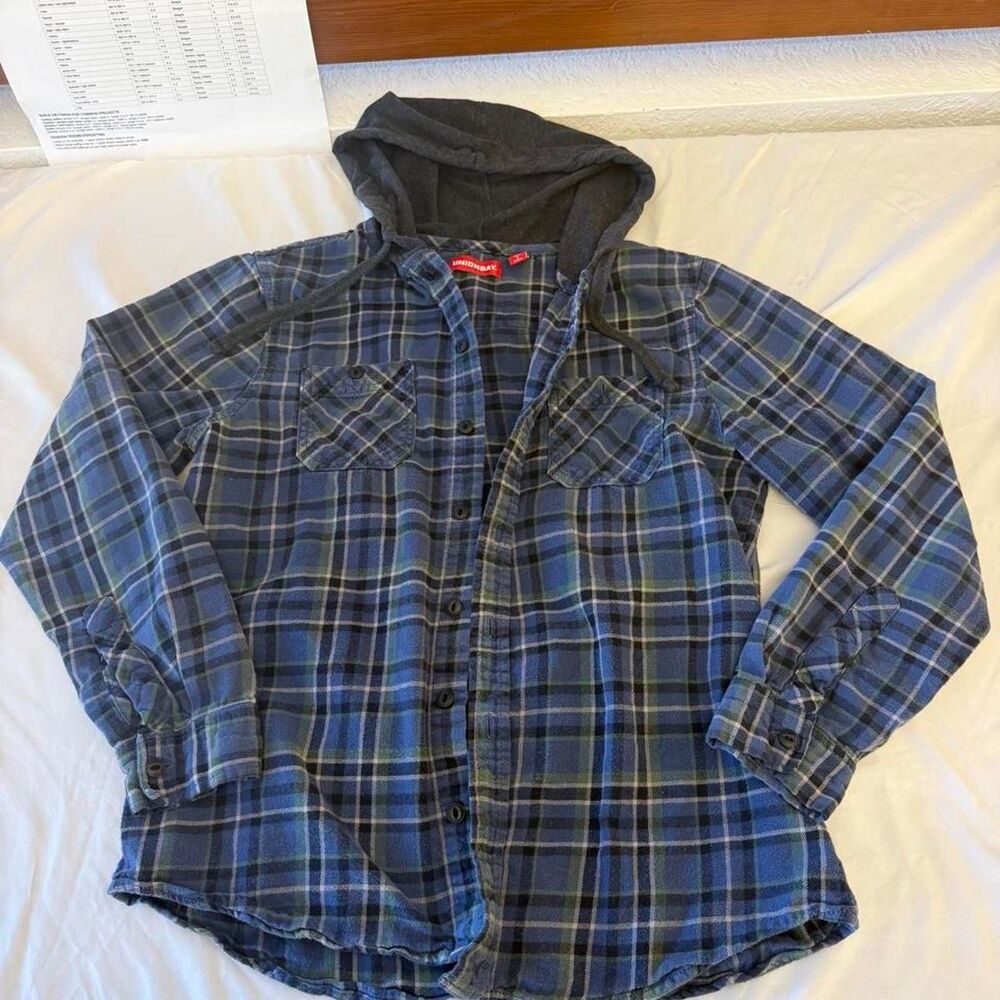 UNIONBAY Blue Plaid Hooded Button Up Flannel Shirt Men Size Small